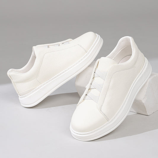 Men's Slip-on Casual Sneakers – Top-Grain Leather, Versatile White Style for Spring & Autumn