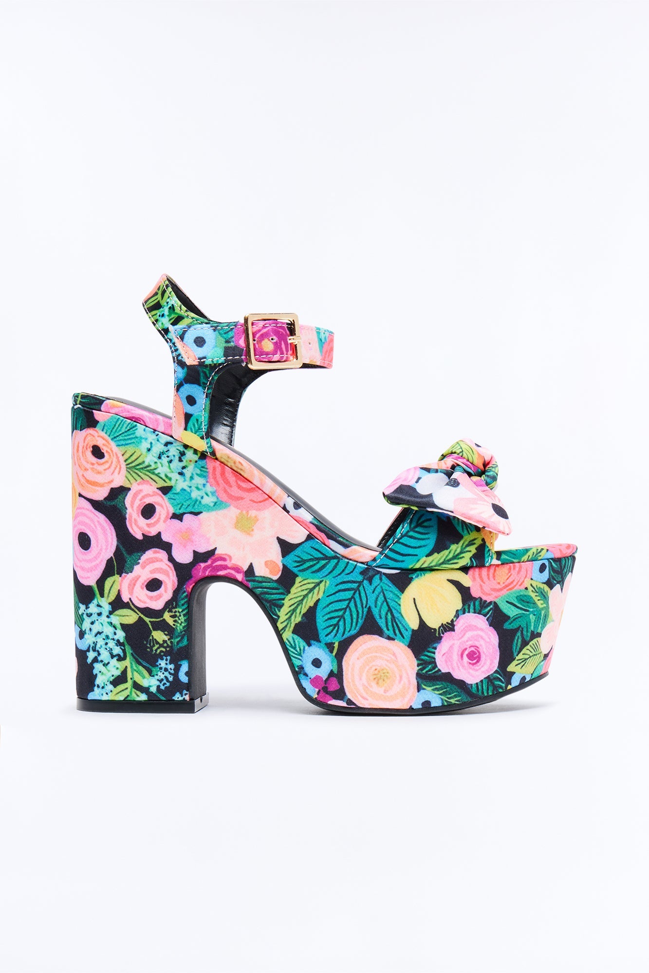 Clara Floral Print Satin Platform Heels - Black/Pink