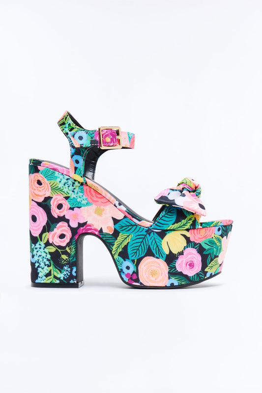 Clara Floral Print Satin Platform Heels - Black/Pink