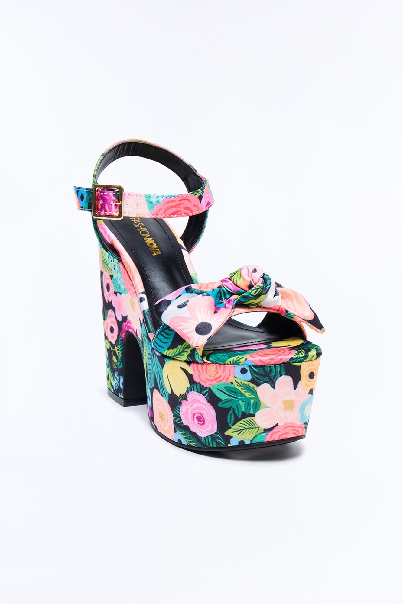 Clara Floral Print Satin Platform Heels - Black/Pink