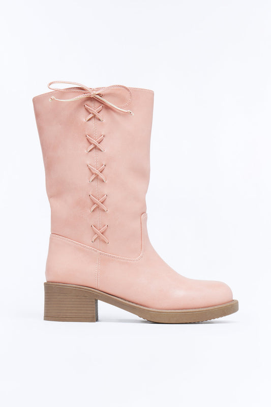 Springy Lace Up Bow Boots - Pink