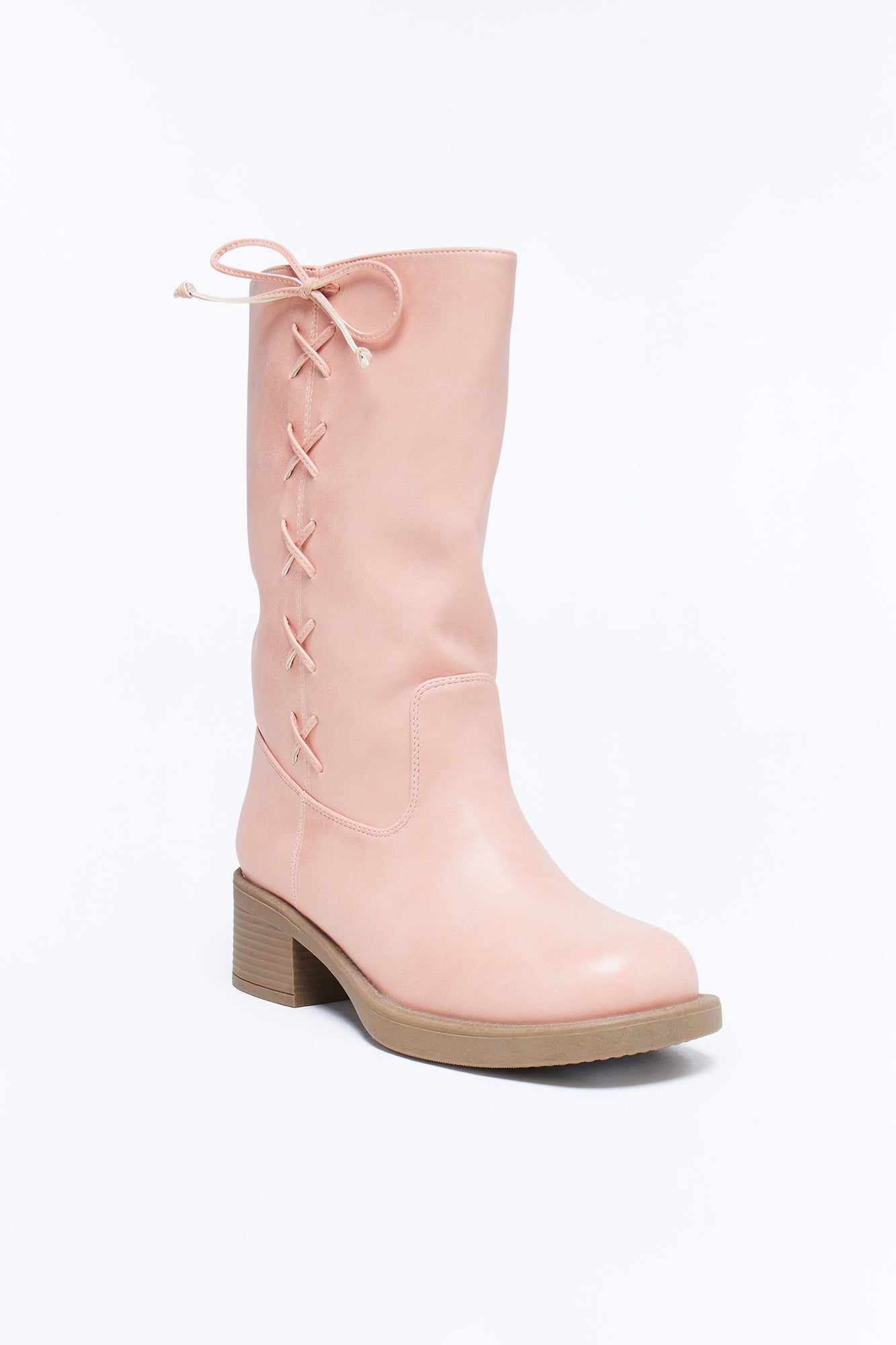 Springy Lace Up Bow Boots - Pink