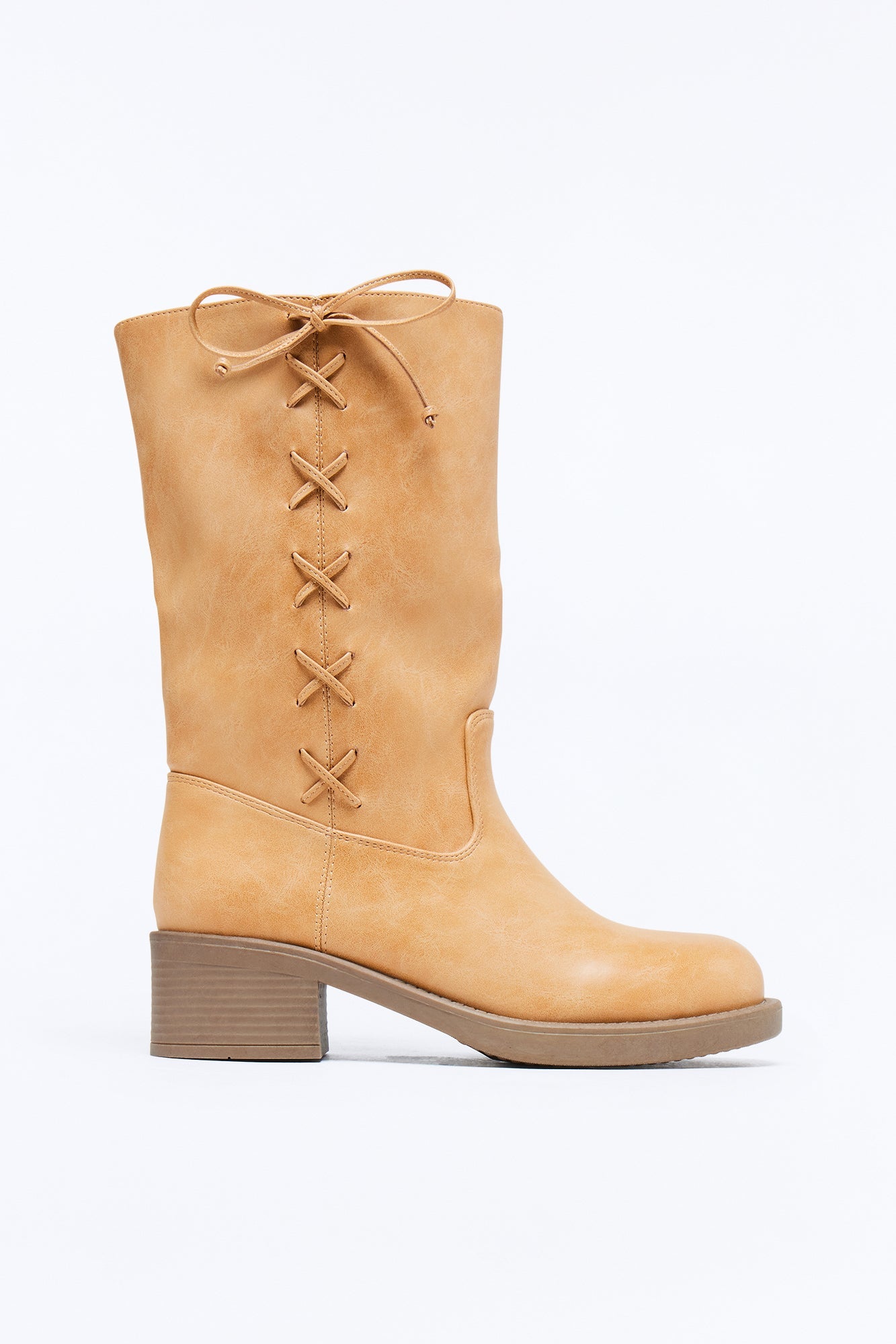 Springy Lace Up Bow Boots - Tan