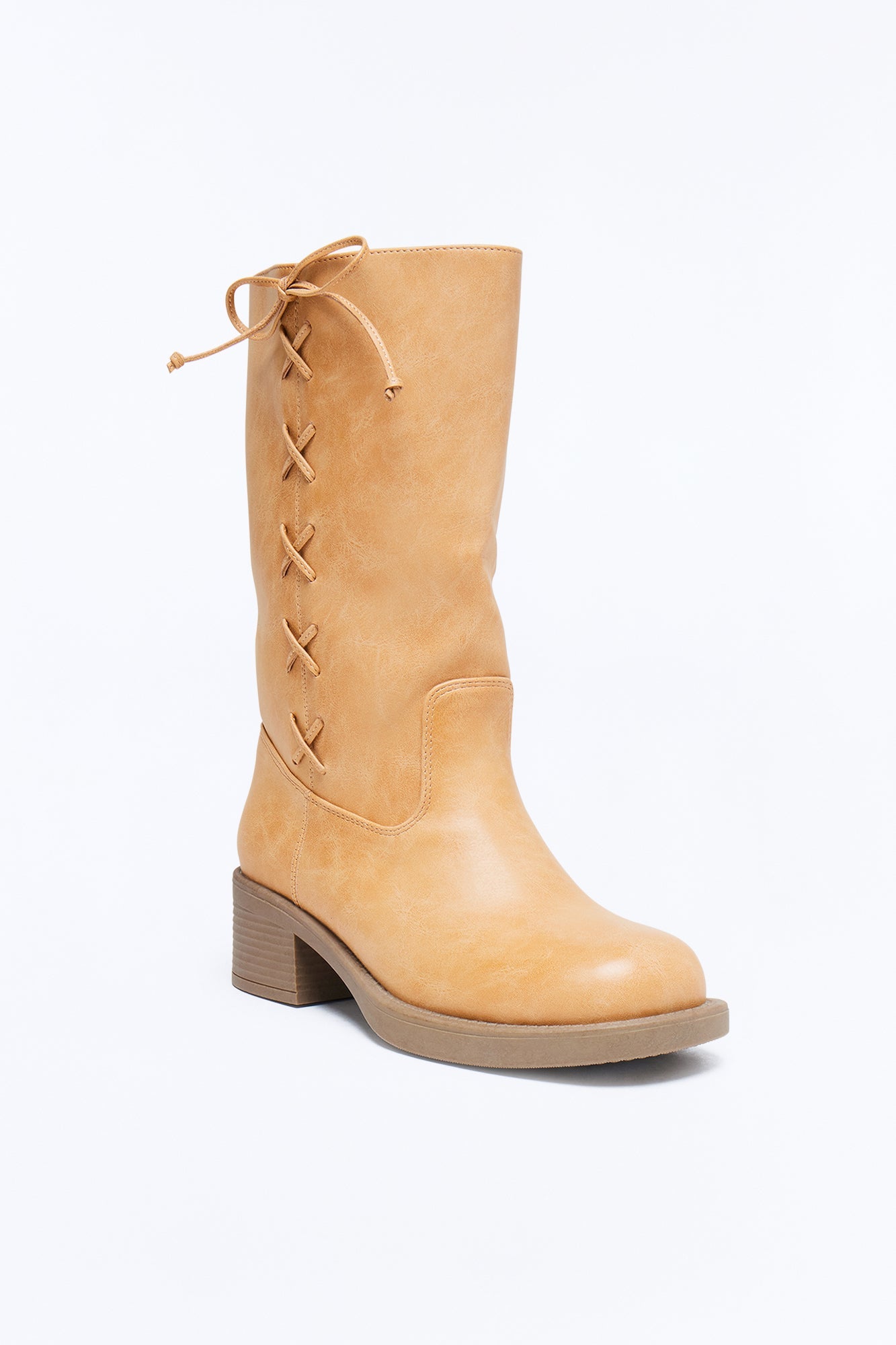 Springy Lace Up Bow Boots - Tan