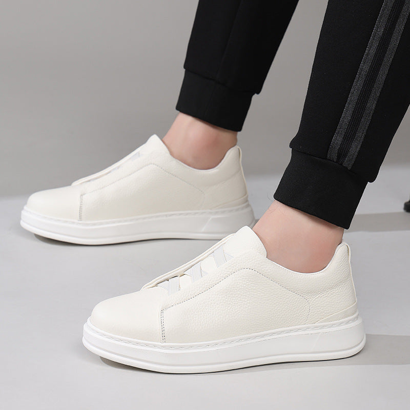 Men's Slip-on Casual Sneakers – Top-Grain Leather, Versatile White Style for Spring & Autumn