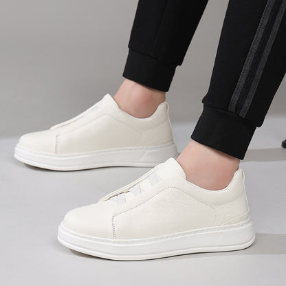 Men's Slip-on Casual Sneakers – Top-Grain Leather, Versatile White Style for Spring & Autumn
