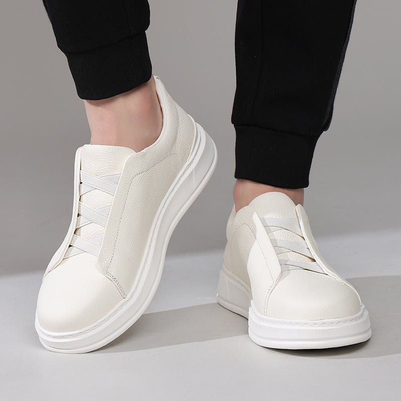 Men's Slip-on Casual Sneakers – Top-Grain Leather, Versatile White Style for Spring & Autumn