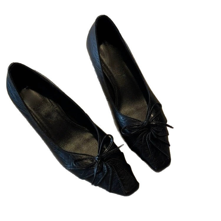 Women's Niche French-Style Square-Toe Block-Heel Pumps – Genuine Leather with Bow Detail & Ruched Finish (Versatile Style)