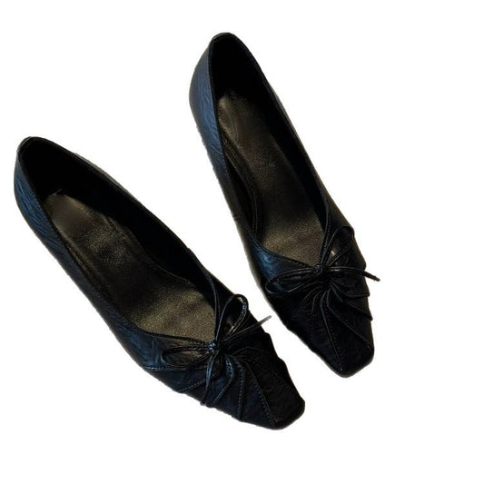 Women's Niche French-Style Square-Toe Block-Heel Pumps – Genuine Leather with Bow Detail & Ruched Finish (Versatile Style)