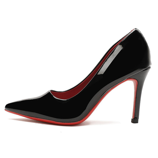 Women's Black Stiletto Heels – 2026 Spring/Autumn New Arrival: Sexy Pointed-Toe Patent Leather Work Shoes with Red Soles (Also Available in Nude)