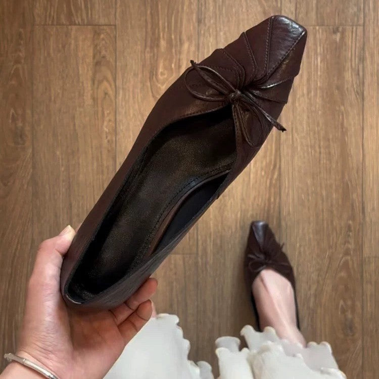 Women's Niche French-Style Square-Toe Block-Heel Pumps – Genuine Leather with Bow Detail & Ruched Finish (Versatile Style)